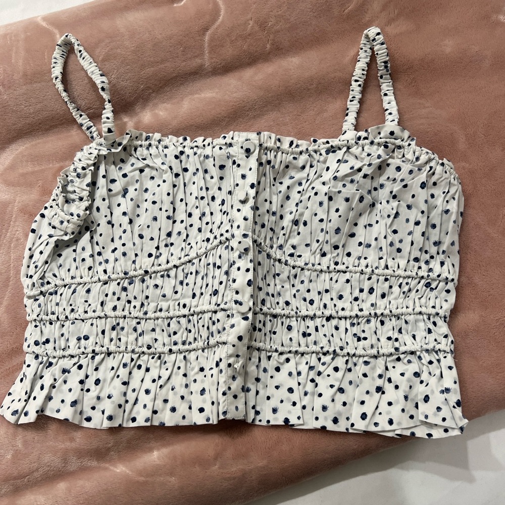 J Crew White and Blue Spotted Crop Top